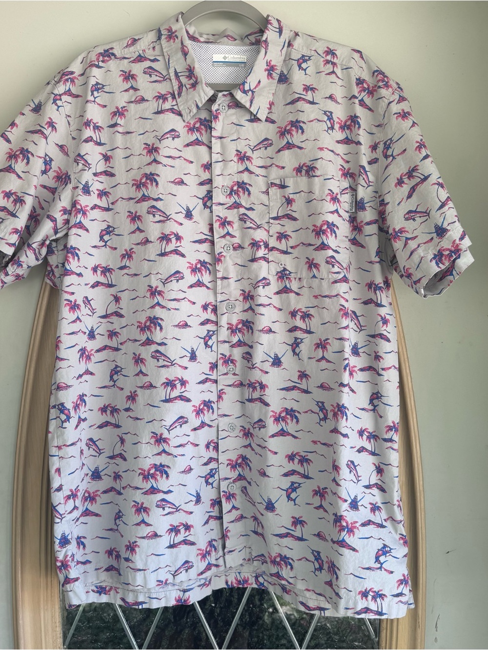 Columbia PFG Button-Up with Pink and Blue Tropical Print